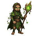 2d druid with staff made of living wood, leaves and vines wrapping around the body, glowing green eyes, braided hair, natural cloak, no background.