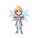 2d celestial being with translucent wings and armor of light, serene face, ethereal sword, balanced and majestic pose, stylized fantasy art