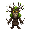 2d forest guardian, half-man half-tree, moss-covered shoulders, glowing yellow eyes, branch-like hands, stylized and magical look