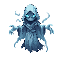 2d ghostly wraith, ethereal body with smoke-like veils, glowing blue eyes, long translucent hands, cold mystical atmosphere.