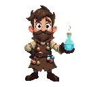 2d alchemist wearing a leather apron with colorful potion bottles, curious expression, long gloves, holding a glowing vial, stylized design.