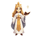 2d priestess in white and gold robes, sacred aura, floating book of light, serene expression, celestial lighting, three-quarter angle.