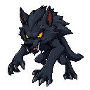 2d werewolf with dark gray fur and golden eyes, aggressive posture, long claws, soft lighting, night atmosphere, transparent background.
