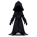 a 2d dark fantasy character, hooded figure with a long, dark cloak covering the entire body down to the feet. a slim waist is accentuated by a simple belt. the hood is deep and completely black, with no visible face. the arms are slightly extended, and th
