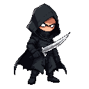 2d hooded assassin in black cloak with curved dagger, partially hidden face, glowing white eyes, stealthy stance, three-quarter angle, transparent background.
