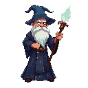 2d fantasy wizard, long deep-blue robe with glowing runes, floating crystal staff, long white beard, wise eyes, mystical atmosphere, stylized, not realistic or cartoon, three-quarter angle, no background.