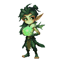 mystic elf 2d character with glowing tattoos and silky green clothing, holding a nature orb, long pointed ears and hair flowing in the wind. style realistic