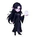 dark sorceress 2d character, black flowing hair, ethereal dress made of magic energy, glowing violet eyes, holding a floating orb, imposing stance, soft lighting, transparent background and tall
