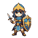 2d female warrior with light golden and blue armor, open helmet revealing a determined face, short sword and shield, stylized design, ideal for 2d rpg