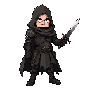 2d mercenary with leather armor, torn cloak, dual daggers, cold expression, side-turned stance, moody but stylized atmosphere, transparent background.