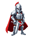 2d knight in shining silver armor with a red cape, large sword resting on the ground, heroic pose, soft light, three-quarter view, no background 