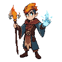 elemental mage 2d, controlling fire and ice, asymmetrical robe with runic details, confident expression, double-headed staff, stylized fantasy art for 2d game, three-quarter view