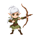 2d elf archer with white hair and green eyes, living wood bow, light leather-leaf armor, graceful and vigilant pose, three-quarter view, no background.