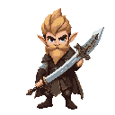 elven warrior 2d with ancient blue armor and curved ornamental sword, serious expression, soft magical light, stylized design.