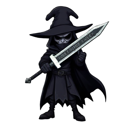 "a dark, mysterious character wearing a wide-brimmed hat and a long cloak. he holds a sharp, glowing sword with ancient runes. his appearance is shadowy and intimidating, with a gothic or medieval sty