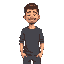 create a 2d pixel art image in 64-bit style of a graphic designer. the person is a young adult male with short, neatly trimmed facial hair (close-shaven beard), smiling warmly. he is wearing a casual
