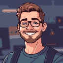 prompt: create a 2d pixel art image in 64-bit style of a graphic designer. the person is a young adult male with short, neatly trimmed facial hair (close-shaven beard), smiling warmly. he is wearing a