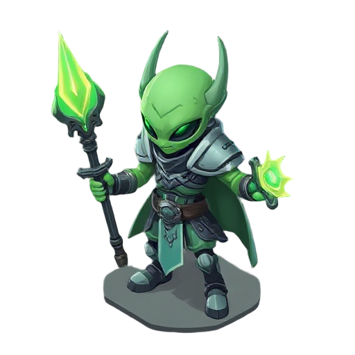 alien warrior, 2d isometric, cartoon style, greenish skin, futuristic armor, glowing staff and gun, mystical aura, frontal idle pose