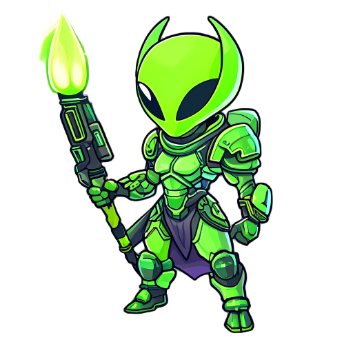 alien warrior, 2d isometric, cartoon style, greenish skin, futuristic armor, glowing staff and gun, mystical aura, frontal idle pose