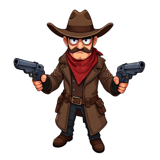 gunslinger, 2d isometric, cartoon style, leather duster coat, wide hat, dual pistols, bandana, rugged appearance, frontal idle pose