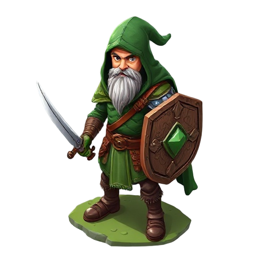 forest warrior, 2d isometric, cartoon style, detailed green leather armor, flowing cape, short sword and runic shield, frontal idle p