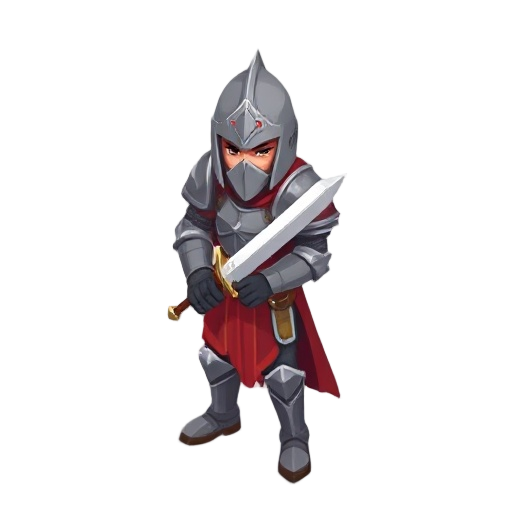 isometric pixel warrior with sword, medieval armor, red accents,