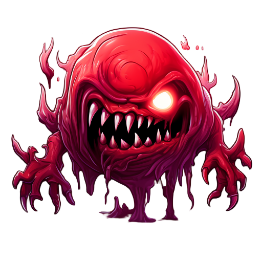 a menacing red slime monster with an evil face, glowing eyes, sharp teeth, and a gelatinous, semi-transparent body. the slime looks aggressive and sinister, with a dark aura around it. fantasy game st
