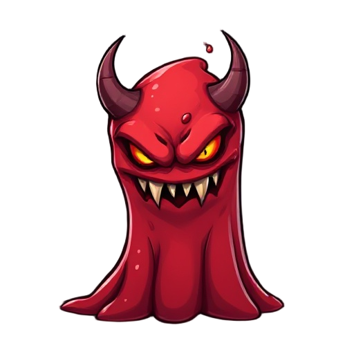 a menacing red slime monster with an evil face, glowing eyes, sharp teeth, and a gelatinous, semi-transparent body. the slime looks aggressive and sinister, with a dark aura around it. fantasy game st