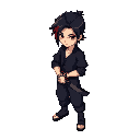 black hair, a red streak, wearing a black shirt and pants, holding a katana with a red blade, and silver bracelet