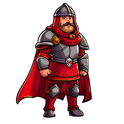 gere um cavaleiro estilo medieval armadura prateda ele usa um cachicol vermelho que se alonga igual uma capa de super heroi vermelha ele usa calças vermelhas e tem uma plumagen vermelha do topo do capaçete os olhos sao azuis e o capacete da pra ver os olh