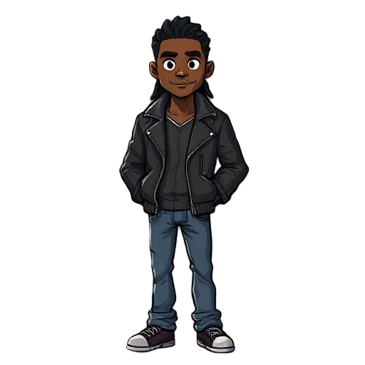 a light black man with braided hair wearing a leather jacket and jeans