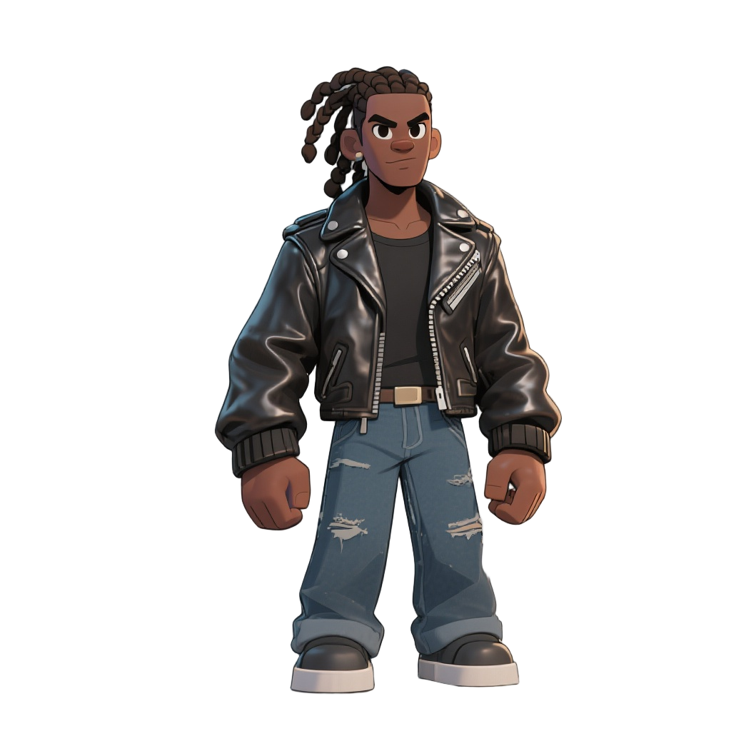 a light black man with braided hair wearing a leather jacket and jeans