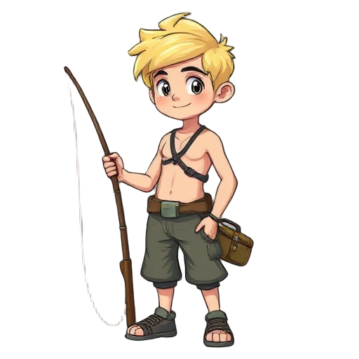 fisherman - young blonde, shirtless boy with fishing gear