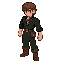 pixel, personagem masculino, jovem, cabelo castanho até o queixo, camisa preta colada manga longa, calça verde escura até canela, cinto marrom com bolsa, colar pingente, botas curtas marrons, estilo rpg 16 bits.