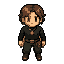 pixel, personagem masculino, jovem, cabelo castanho até o queixo, camisa preta colada manga longa, calça verde escura até canela, cinto marrom com bolsa, colar pingente, botas curtas marrons, estilo rpg 16 bits.