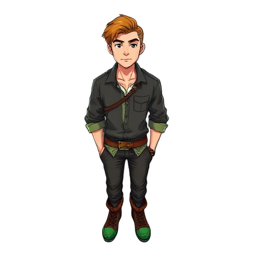 homem com 20 anos cabelo castanho longo liso, camisa preta manga longa, calça verde escura até a canela, cinto marrom com bolsa lateral, colar com pingente, botas curtas marrons, estilo rpg 16 bits.