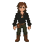 pixel, personagem masculino, jovem, cabelo castanho longo, camisa preta manga longa, calça verde escura canela, cinto marrom com bolsa, colar pingente, botas curtas marrons, estilo rpg 16 bits.