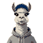 humanoid llama wearing a grey hoodie and a forward blue baseball cap