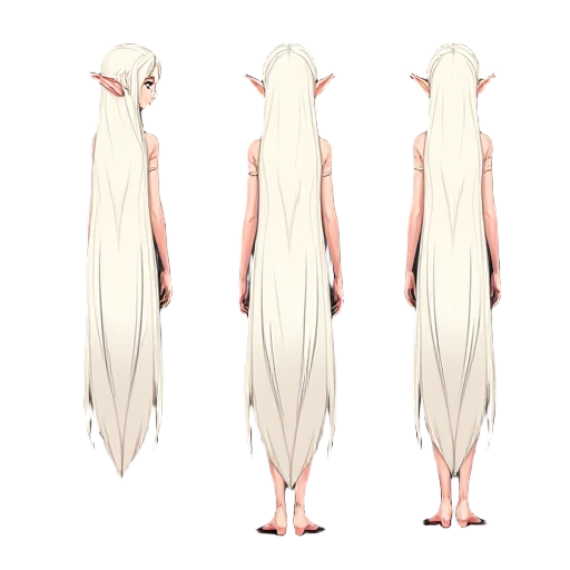 a elven woman with long, platinum-blonde hair cascading down her back, captured in a neutral standing pose from six orthogonal angles—front, back, left profile, right profile, top-down, and bottom-up. her pale skin has an almost luminous quality, contrast
