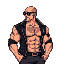 "pixel art sprite of a muscular bald man wearing sunglasses, a black open jacket with no shirt, showing a tattoo on his chest. the character has a tough, confident stance. generate side view (left-fac