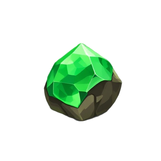esmeralda da terra tipo: pedra elemental aparência:  uma gema facetada de tom verde-musgo escuro, com veios dourados que brilham suavemente.  seu formato lembra um losango achatado, com pontas angulosas que parecem ter sido lapidadas pela própria força da