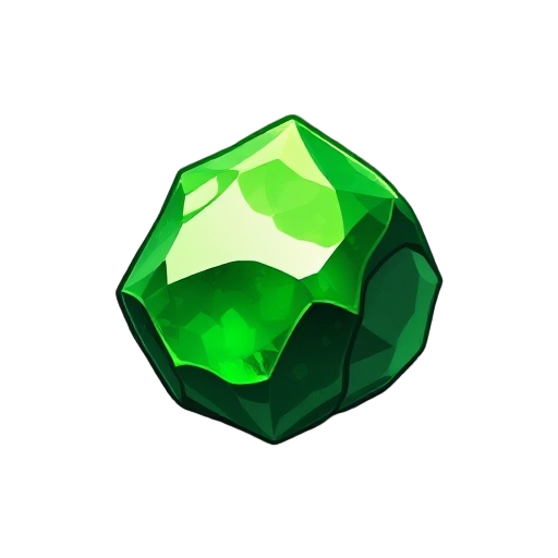 esmeralda da terra tipo: pedra elemental aparência:  uma gema facetada de tom verde-musgo escuro, com veios dourados que brilham suavemente.  seu formato lembra um losango achatado, com pontas angulosas que parecem ter sido lapidadas pela própria força da