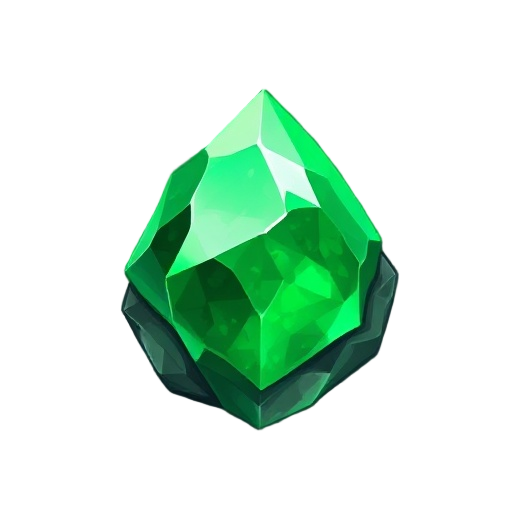 esmeralda da terra tipo: pedra elemental aparência:  uma gema facetada de tom verde-musgo escuro, com veios dourados que brilham suavemente.  seu formato lembra um losango achatado, com pontas angulosas que parecem ter sido lapidadas pela própria força da