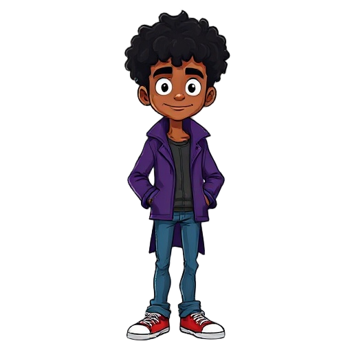 i want a man, with black curly and medium hair with brown skin. he should be skinny and tall, purple coat and blue jeans and a red snickers 