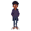 i want a man, with black curly and medium hair with brown skin. he should be skinny and tall, purple coat and blue jeans and a red snickers 