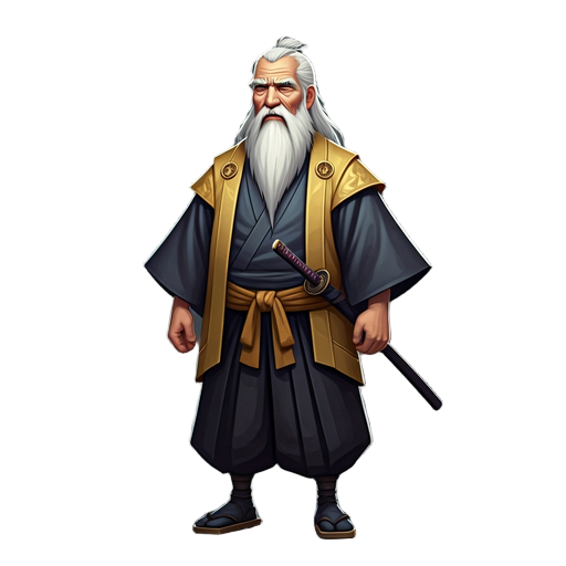 a full-body eldery samurai from edo era. long white hair and long white beard