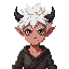 demon boy with messy spiky white hair, small back-facing horns. wears old torn clothes.