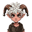 demon boy with messy spiky white hair, twisted ram-like horns spiraling forward. wears old torn clothes.