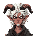 adult demon with thick, spiky, wild white hair like liebe or asta from black clover. twisted ram-like horns spiraling forward. wears old torn clothes.