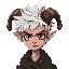 demon boy with messy spiky white hair, twisted ram-like horns spiraling forward. wears old torn clothes.